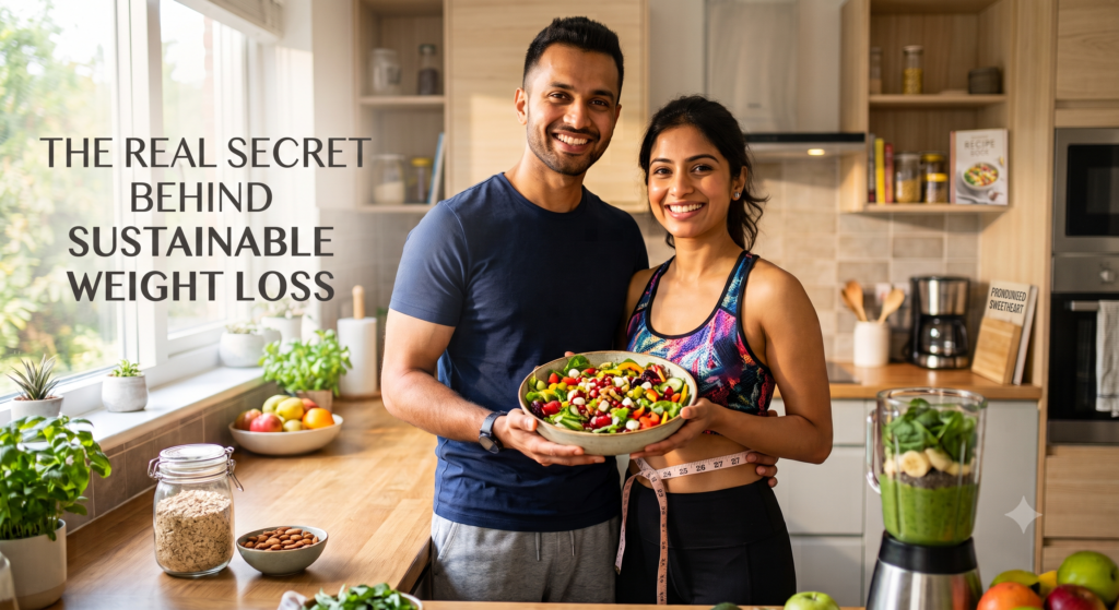 Healthy couple holding fresh salad bowl in kitchen - weight loss diet tips