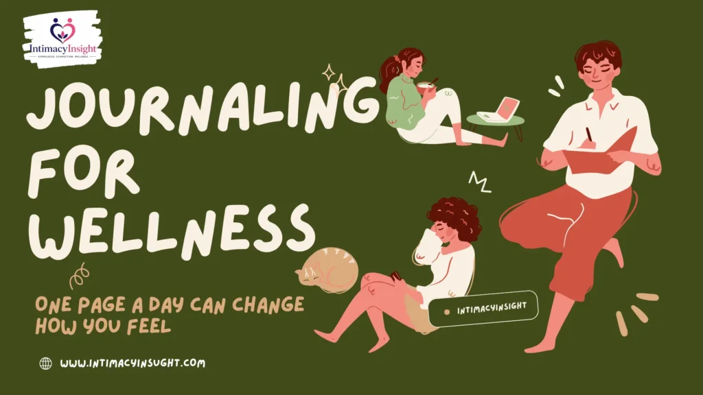 Journaling for wellness, illustration of people writing, relaxing, and practicing self care