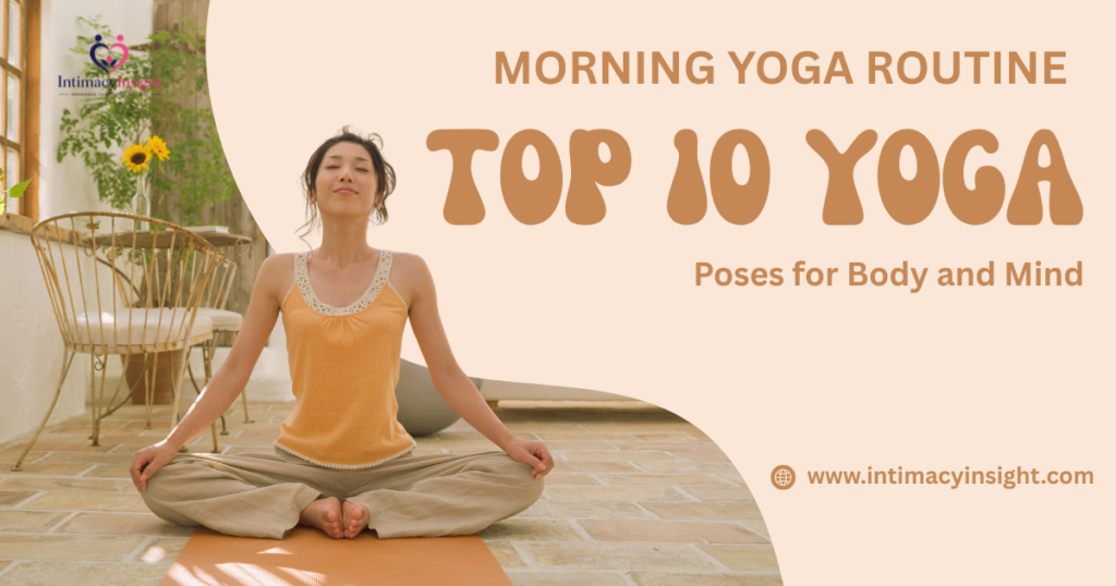 Morning yoga routine woman meditating in lotus pose on yoga mat, top 10 yoga poses for body and mind, IntimacyInsight