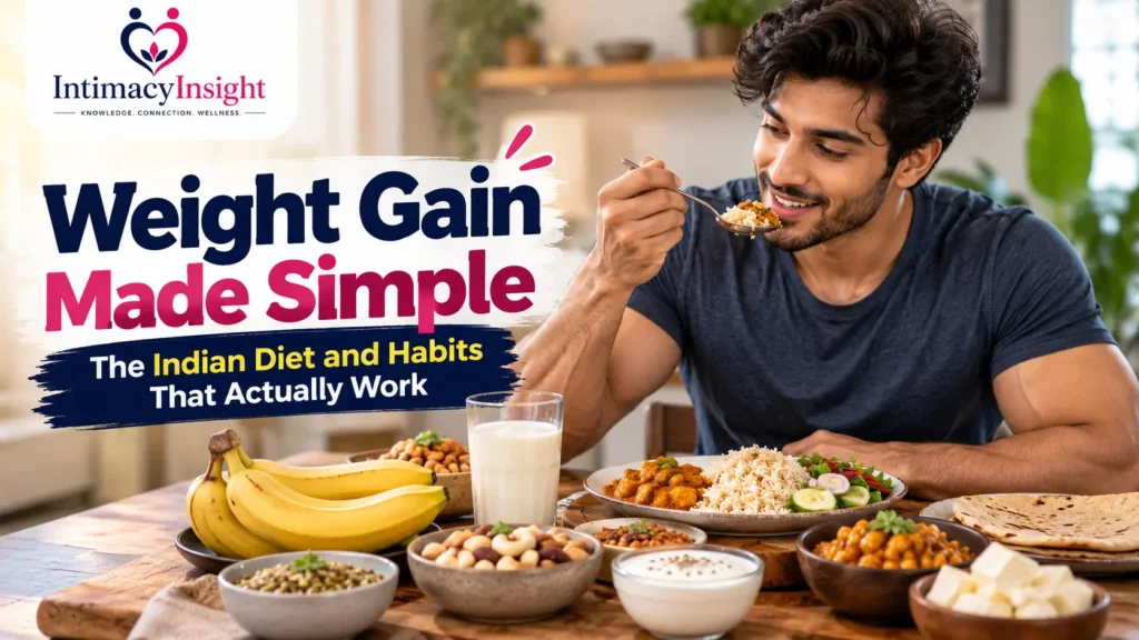 Weight gain with a balanced Indian weight gain diet, calorie-rich foods, milk, bananas, nuts, rice, and nutritious meals.