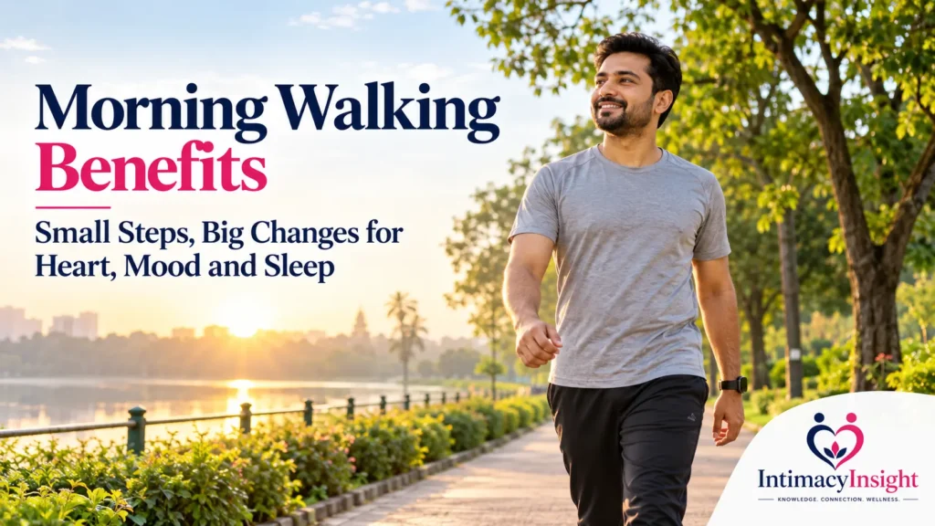 Morning walking benefits for heart health, mood and sleep with Intimacy Insight logo.