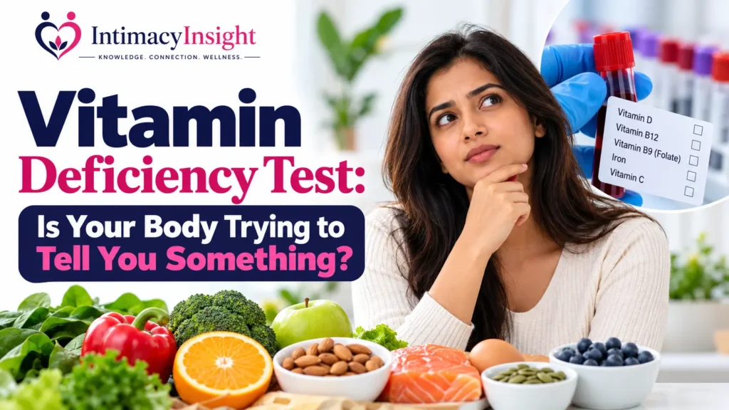 Vitamin deficiency test with a woman, blood sample, and nutrient-rich foods